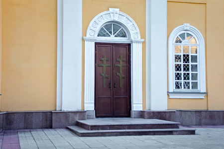 Metal doors of the Orthodox Cathedral of Saints Peter and Paul in Petropavl, northern Kazakhstan. The building was built at the beginning of the XIX century.の写真素材