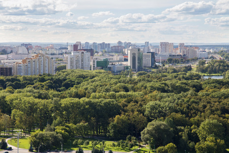 Aerial view of the western part of the Minsk with new multi-other buildings. Minsk is the capital and largest city of Belarus. の写真素材