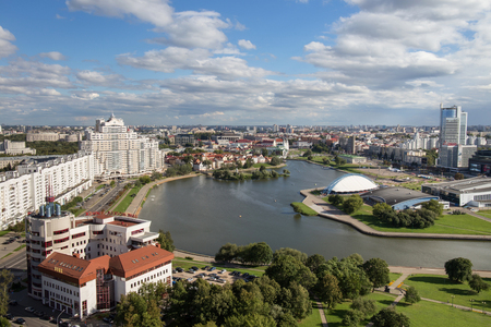MINSK, BELARUS - AUGUST 15, 2016: Aerial view of the south part of the Minsk with Trinity Hill, Liberty Square, Palace of Sport and Svislach River. Minsk is the capital and largest city of Belarus.のeditorial素材