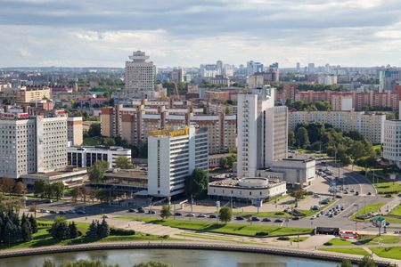 MINSK, BELARUS - AUGUST 15, 2016: Aerial view of the southwestern part of the Minsk with old and new high buildings. Minsk is the capital and largest city of Belarus.のeditorial素材