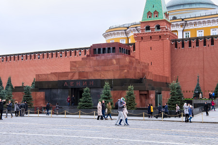 MOSCOW, RUSSIA - OCTOBER 06, 2016: The Lenin's Mausoleum (Lenin's Tomb) on the Red Square. The Mausoleum is a resting place of Soviet leader V. Lenin. His body has been on public display from 1924.のeditorial素材