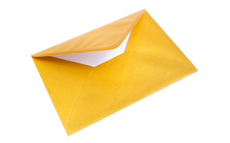 Open gold envelope on the white background.の写真素材