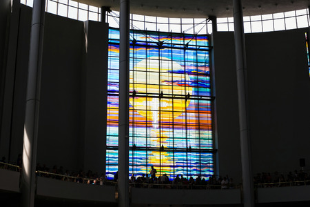 KRAKOW, POLAND - MAY 28, 2016: Colorful vitrage in Basilica of the Divine Mercy of Sanctuary in Lagiewniki. Millions of pilgrims from around the world visit sanctuary every year.のeditorial素材