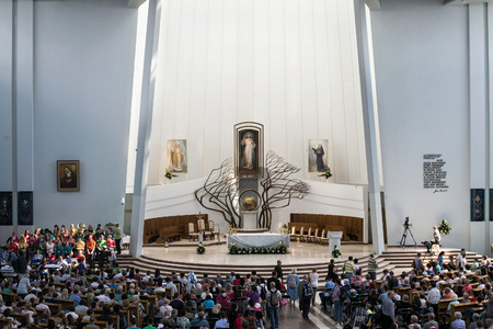 KRAKOW, POLAND - MAY 28, 2016: Interior in Basilica of the Divine Mercy of Sanctuary in Lagiewniki. Millions of pilgrims from around the world visit sanctuary every year.のeditorial素材