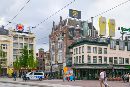 AMSTERDAM, NETHERLANDS - JUNE 25, 2017: View of the historical buildings on the Leidseplein street in the center of Amsterdam.のeditorial素材