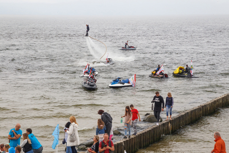 ZELENOGRADSK, KALININGRAD REGION, RUSSIA  - SEPTEMBER 08, 2018: Show with the jet ski on the Baltic Sea in the resort town of Zelenogradsk (Cranz).のeditorial素材