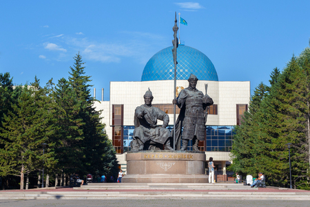 ASTANA, KAZAKHSTAN - JULY 25, 2017: Monument to the founders of the Kazakh Khanate - Zhanibek and Kerey khans. Bronze sculpture installed in 2010. The sculptor is Renat Abenov.のeditorial素材