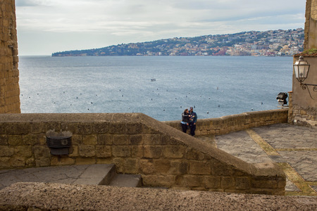 NAPLES, ITALY - OCTOBER 31, 2015: View to the Gulf of Naples from the medieval castle Castel dell'Ovo. The castle is the oldest standing fortification in Naples.のeditorial素材