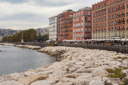 NAPLES, ITALY - OCTOBER 31, 2015: View of the historical buildings near Gulf of Naples embankment  in the center of city. Naples is the regional capital of Campania and the third-largest municipality.のeditorial素材