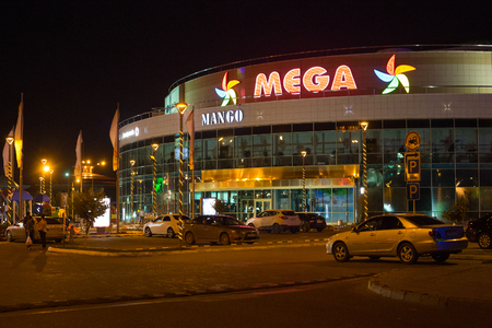 ASTANA, KAZAKHSTAN - JULY 25, 2017:Night view of the hypermarket Mega in the center of Astana city. Astana is the capital city of Kazakhstan and the second-largest city.のeditorial素材