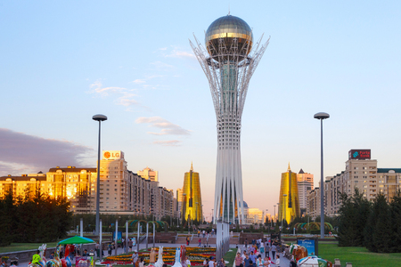 ASTANA, KAZAKHSTAN - JULY 25, 2017: View of the famous Baiterek tower on the Nurzhol Boulevard in center of Astana. The tower is tourist attraction popular with foreign visitors and native Kazakhs.のeditorial素材