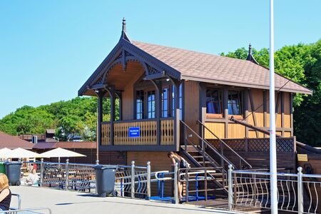 ZELENOGRADSK, KALININGRAD REGION, RUSSIA - JUNE 18, 2019: View of the modern wooden house on the Baltic Sea coast in famous resort Zelenogradsk (formerly known as Cranz) at summer.のeditorial素材