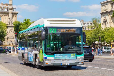 PARIS, FRANCE - JUNE 23, 2017: Modern public bus (production company of MAN) on the Place du Chatelet square in center part of Paris.のeditorial素材