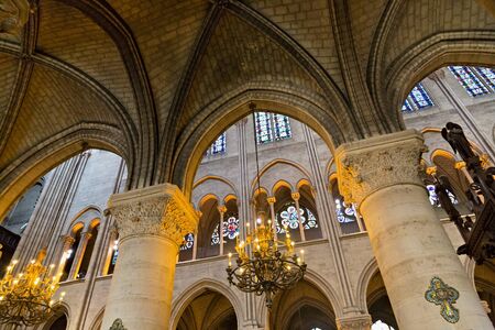 PARIS, FRANCE - JUNE 23, 2017: Old ceiling in the Notre-Dame de Paris church. Is a medieval Catholic cathedral and is considered to be one of the finest examples of French Gothic architecture.のeditorial素材