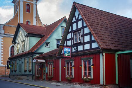 PARNU, ESTONIA - MAY 02, 2015: Old wooden building of the Edelweiss restaurant with half-timbered elements in historical center of Parnu on the Kuninga street.のeditorial素材