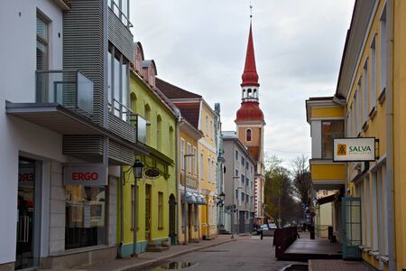 PARNU, ESTONIA - MAY 02, 2015: Old buildings in historical center of Parnu. With view of tower of the Lutheran temple of Elizabeth (1744-1747).のeditorial素材