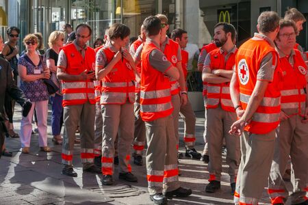 PARIS, FRANCE - JUNE 23, 2017: Group of people from the French Red Cross in a specialized uniform...