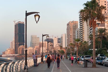 BEIRUT, LEBANON - AUGUST 14, 2014: View of the Corniche boulevard in the Raouche (is a residential and commercial neighborhood in Beirut). The corniche is popular on weekends and evenings.のeditorial素材