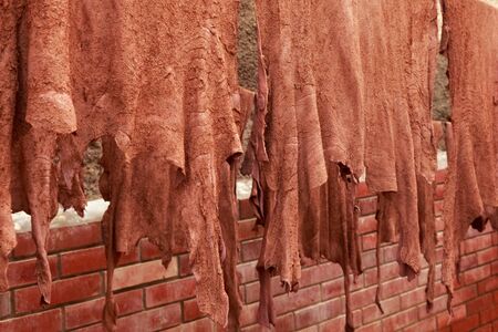 Leather drying on the ropes in old Tannery of Tetouan Medina. Northern Morocco.の写真素材
