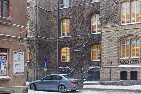 TORUN, POLAND - JANUARY 08, 2016: Walls of Torun court building. Was built of light brick in 1870 in the style of English neo-Gothic. Court famous by the shooting of criminal groups inside him in 1998のeditorial素材