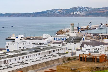 TANGIER, MOROCCO - MAY 26, 2017: Aerial view of the sea port on the Mediterranean coast in central part of Tangier in Northern Morocco.のeditorial素材