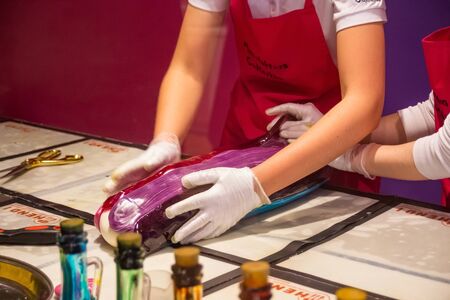 TORUN, POLAND - JANUARY 08, 2016: Production candy as open show in the polish sweet food store Manufaktura Cukierkow in Torun.のeditorial素材