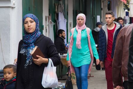 TETOUAN, MOROCCO - MAY 24, 2017: Unknown women on the one of the streets of Tetouan Medina in Northern Morocco.のeditorial素材