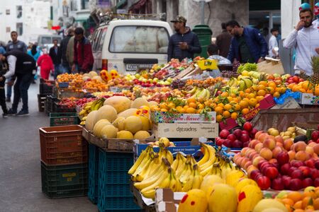 TETOUAN, MOROCCO - MAY 23, 2017: Selling fruits on the old market in Tetouan Medina quarter in Northern Morocco.のeditorial素材
