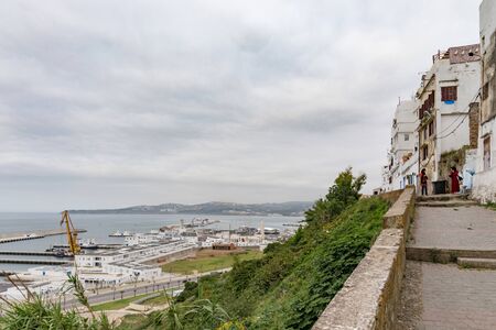 TANGIER, MOROCCO - MAY 26, 2017: Aerial view of the sea port on the Mediterranean coast from Tangier Medina in Northern Morocco.のeditorial素材