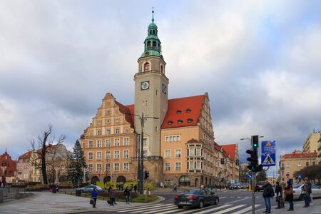 OLSZTYN, POLAND - DECEMBER 31, 2018: Winter view of the New Town Hall in historical part of city at John Paul II Square. Was built in 1912 - 1915. It is currently the seat of the president of Olsztyn.のeditorial素材