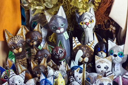 KRAKOW, POLAND - JANUARY 06, 2016: Selling wooden colorful cats at the Christmas Fair in Krakow.のeditorial素材
