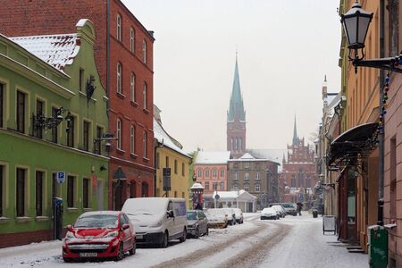 TORUN, POLAND - JANUARY 08, 2016: Old buildings in historical part of the town in winter. Torun is one of the oldest cities in Poland, with the first settlement dated back to the 8th century.のeditorial素材