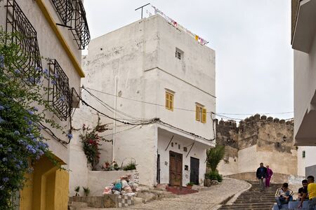 TANGIER, MOROCCO - MAY 26, 2017: View of the one of the old street in the Tangier Medina quarter in Northern Morocco. A medina is typically walled, with many narrow and maze-like streets.のeditorial素材
