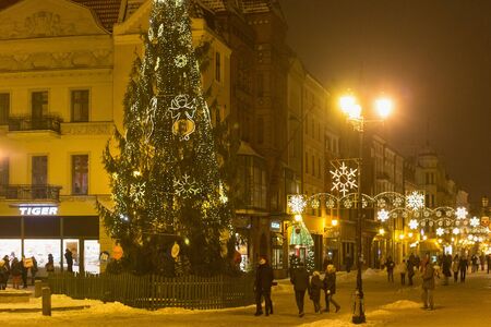 TORUN, POLAND - JANUARY 08, 2016: Night view of the Christmas tree on the Market Square (Rynek Staromejski) in historical center of city. Torun is one of the oldest cities in Poland.のeditorial素材