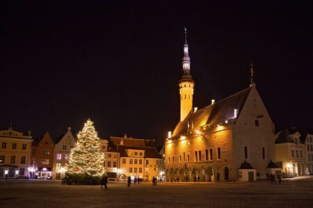 Night view of the Christmas tree near medieval The Tallinn Town Hall. Built in XIV century and firstly mentioned as consistorium in 1322, and in 1372 as town hall. Estonia.のeditorial素材