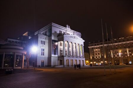 RIGA, LATVIA - JANUARY 14, 2018: Night winter view of the The National Opera House. The building was constructed in 1863 by the St. Petersburg architect Ludwig Bohnstedtfor the then City Theatre.のeditorial素材