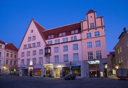 TALLINN, ESTONIA - JANUARY 12, 2018: Evening winter view of the old buildings on the famous Raekoja plats (Town Hall Square) in historical part of Tallinn.のeditorial素材