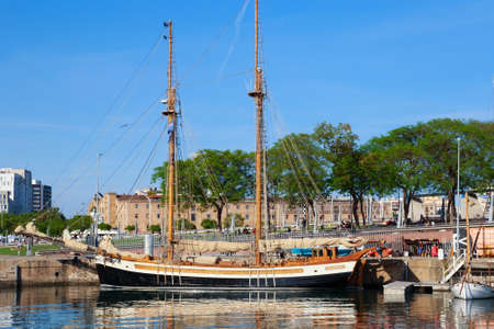 BARCELONA, SPAIN - MAY 16, 2017: View of the sail ship on the pier in center of Barcelona in sunny day.のeditorial素材