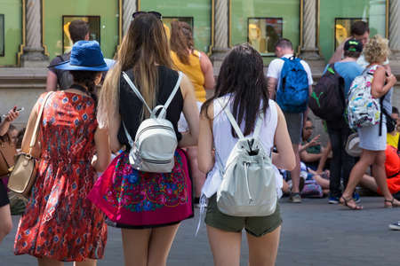 BARCELONA, SPAIN - MAY 16, 2017: Unknown women walking in center of Barcelona on Passeig de Gracia street.のeditorial素材