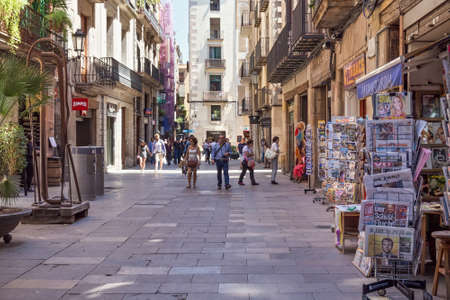 BARCELONA, SPAIN - MAY 15, 2017: View from the old historical Placeta de Montcada street in center of Barcelona in sunny day.のeditorial素材