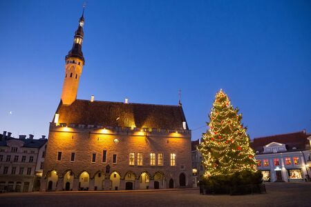 Night view of the Christmas tree near medieval The Tallinn Town Hall. Built in XIV century and firstly mentioned as consistorium in 1322, and in 1372 as town hall. Estonia.の写真素材