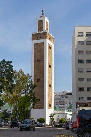 TANGIER, MOROCCO - MAY 27, 2017: View of the minaret of Mohammed V Mosque in historical part of Tangier.のeditorial素材