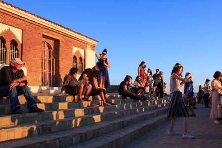 CHEFCHAOUEN, MOROCCO - MAY 29, 2017: Unknown people on the steps of the Mosque Bouzaafer (known as Spanish). Its the best view point to the town.のeditorial素材