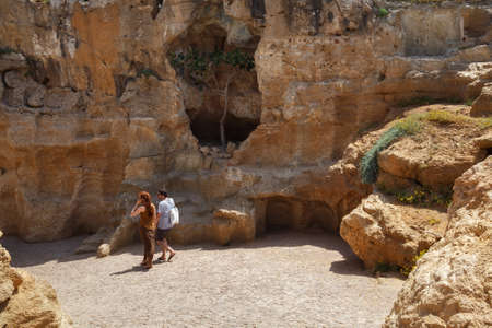TANGIER, MOROCCO - MAY 27, 2017: Walls of the The Caves of Hercules in Cape Spartel. Is an archaeological cave complex near Atlantic Ocean, located west of Tangier, the popular tourist attraction.のeditorial素材