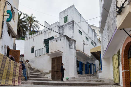 TANGIER, MOROCCO - MAY 26, 2017: View of the one of the old street in the Tangier Medina quarter in Northern Morocco. A medina is typically walled, with many narrow and maze-like streets.のeditorial素材