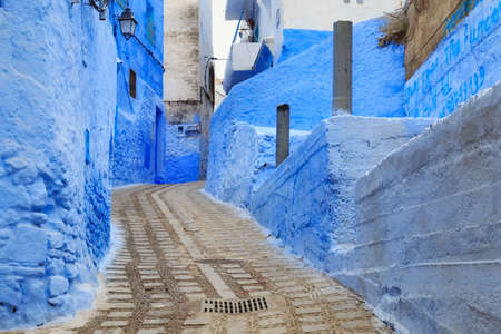 CHEFCHAOUEN, MOROCCO - MAY 28, 2017: View of the blue walls of Medina in Chaouen. The city is noted for its buildings in shades of blue and that makes Chefchaouen very attractive to visitors.のeditorial素材