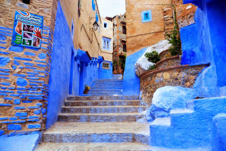 CHEFCHAOUEN, MOROCCO - MAY 29, 2017: View of the blue walls of Medina in Chaouen. The city is noted for its buildings in shades of blue and that makes Chefchaouen very attractive to visitors.のeditorial素材