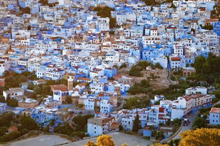 Aerial view of Chefchaouen in Morocco. The city is noted for its buildings in shades of blue and that makes Chefchaouen very attractive to visitors.の写真素材