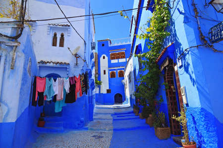 CHEFCHAOUEN, MOROCCO - MAY 29, 2017: View of the blue walls of Medina in Chaouen. The city is noted for its buildings in shades of blue and that makes Chefchaouen very attractive to visitors.のeditorial素材