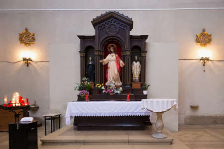 BARCELONA, SPAIN - MAY 15, 2017: Altar in chapel of the The church of San Agustin. Is a Catholic temple located in the El Raval in Barcelona on the Placa de Sant Agusti street.のeditorial素材